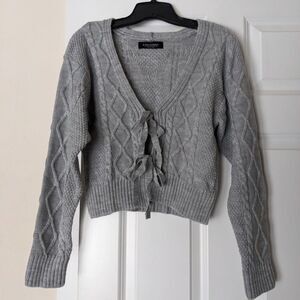 Cropped Cable Knit Cardigan with Bows XS Gray Coquette Fairycore
